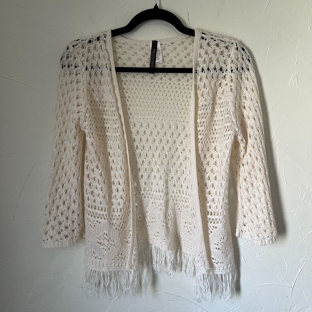 Y2K Cream Crochet Fringe Cardigan Absolutely Creative Size S Boho Cottage 90s